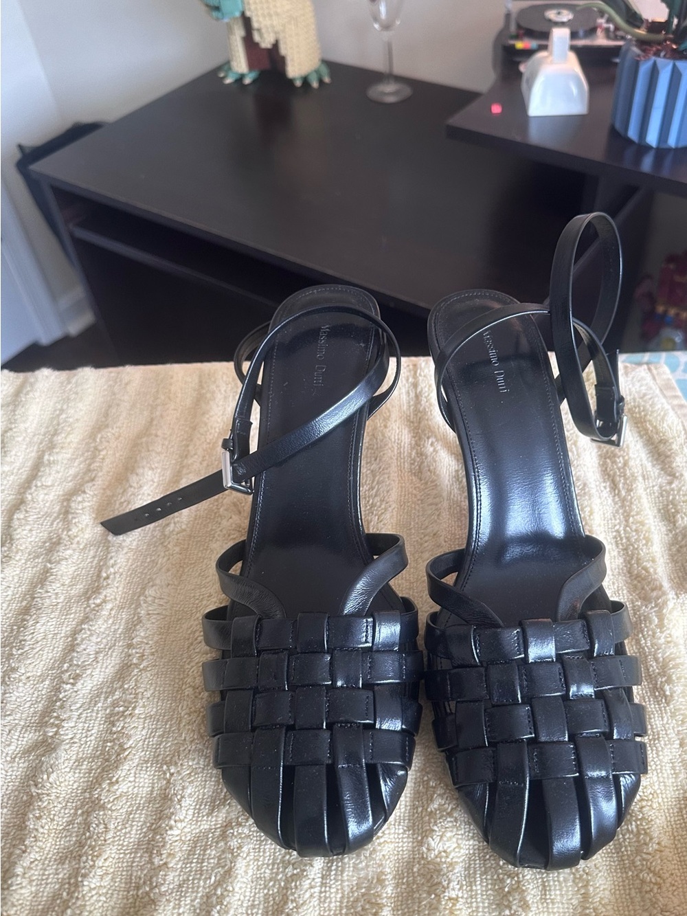 Massimo Dutti Black Woven Leather Ankle-Strap Heels. Never worn.